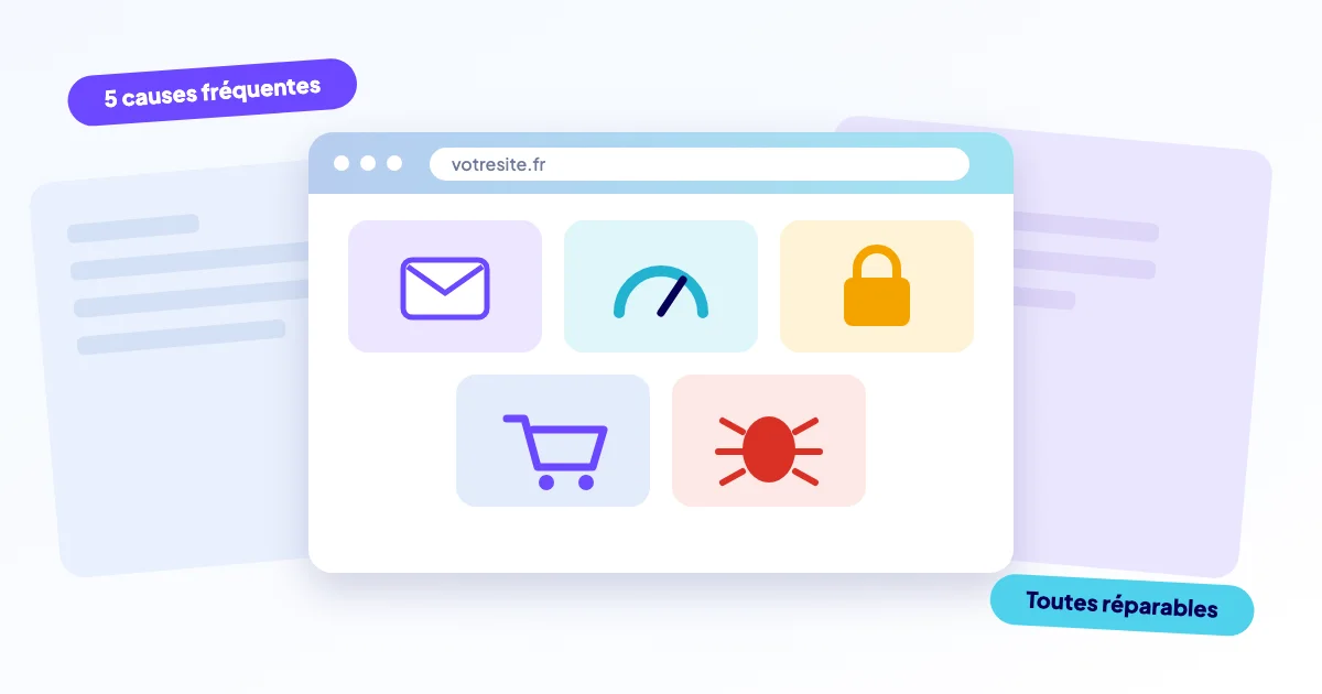 Fenêtre de navigateur avec cinq tuiles : e-mail, vitesse, cadenas, panier et un bug