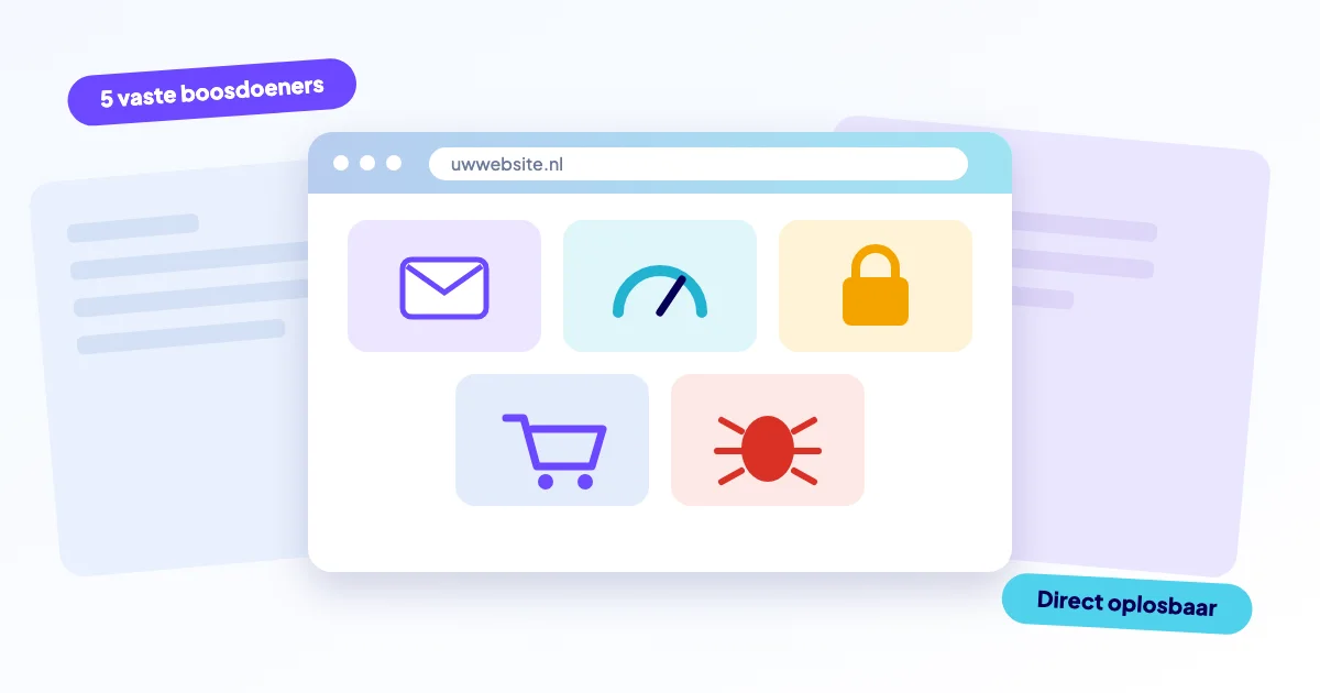 Browservenster met vijf tegels: e-mail, snelheid, slot, winkelwagen en een bug