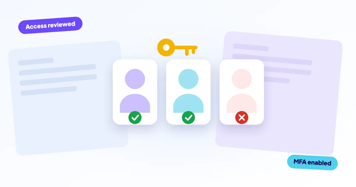 Three user cards, two approved in green and one denied in red, with a key