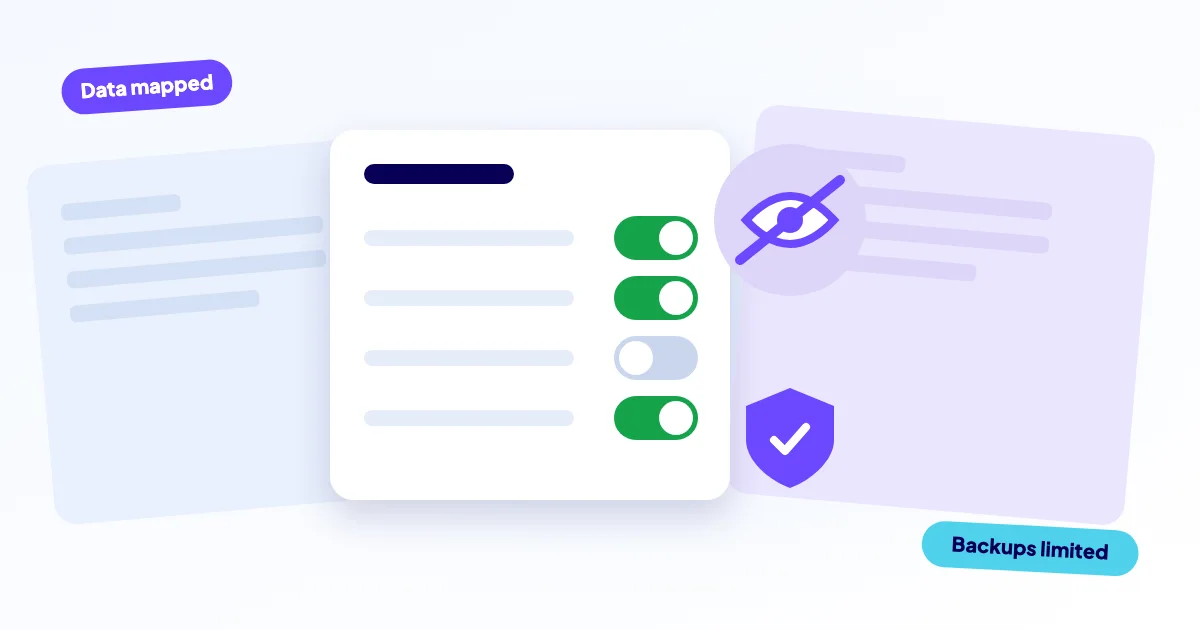Privacy panel with consent toggles, a crossed-out eye and a shield