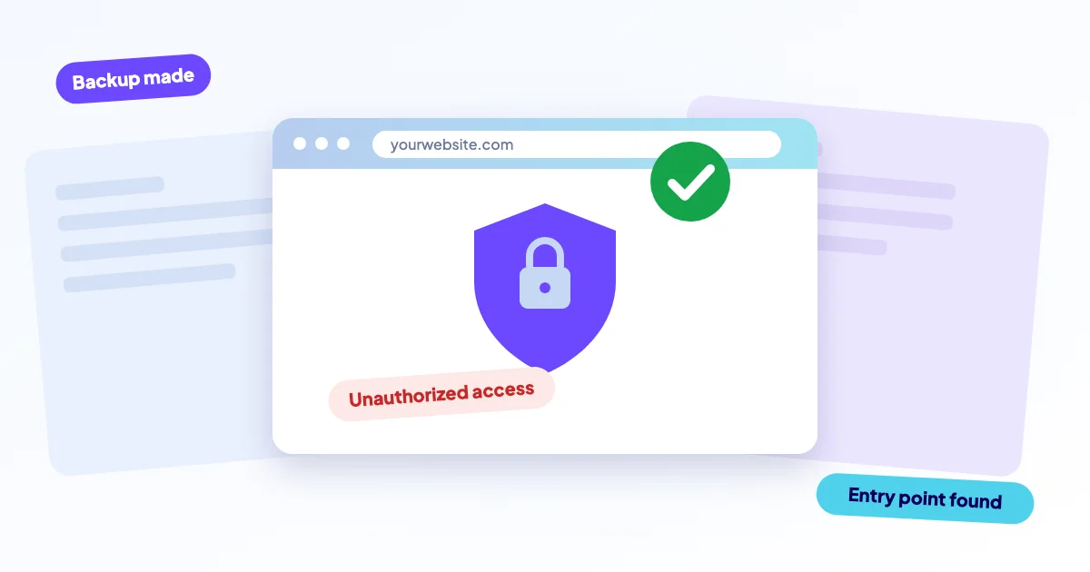 Illustration of a hacked website with a warning and a protective backup shield