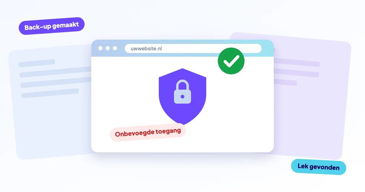 Illustratie van een gehackte website met een waarschuwing en een beveiligd back-upschild