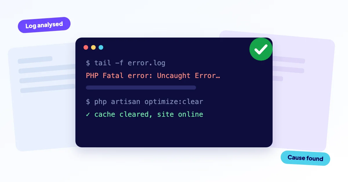 Laptop showing code and a 500 server error next to a list of log lines