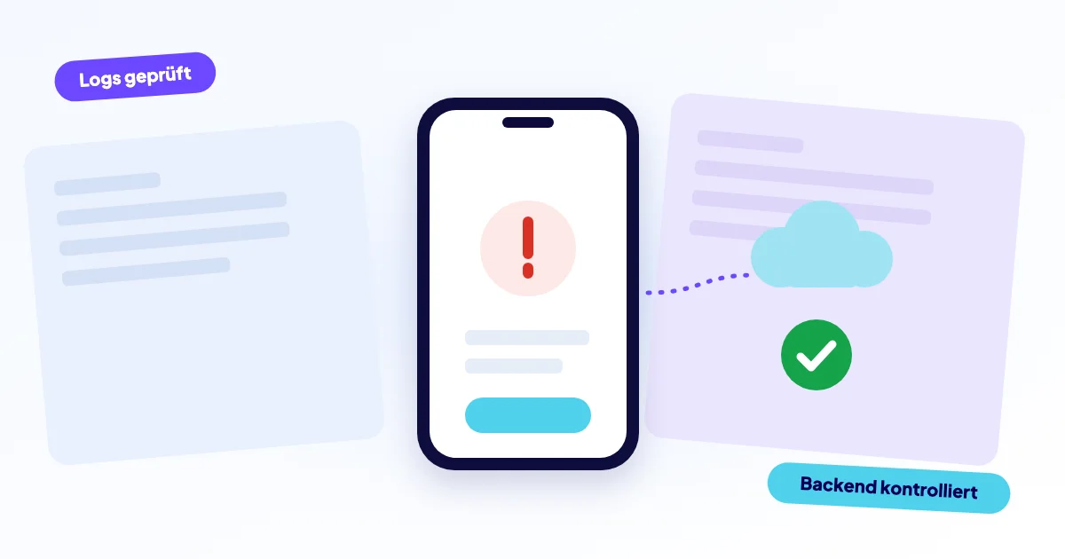Smartphone mit einer Fehlermeldung, verbunden mit einer Cloud mit grünem Haken