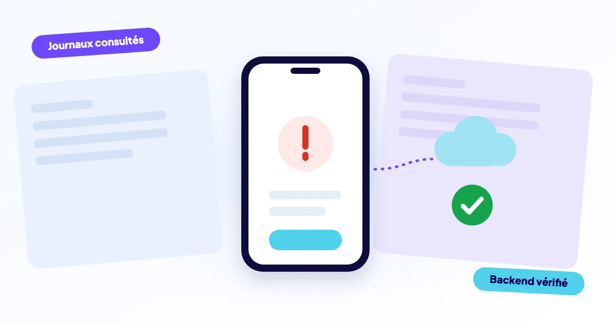 Smartphone affichant une erreur, relié à un nuage avec une coche verte