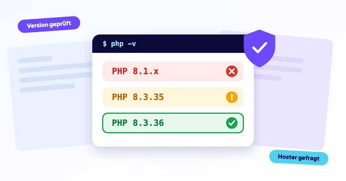 Illustration eines Servers mit Warnhinweis und einem Schild für eine aktualisierte PHP-Version