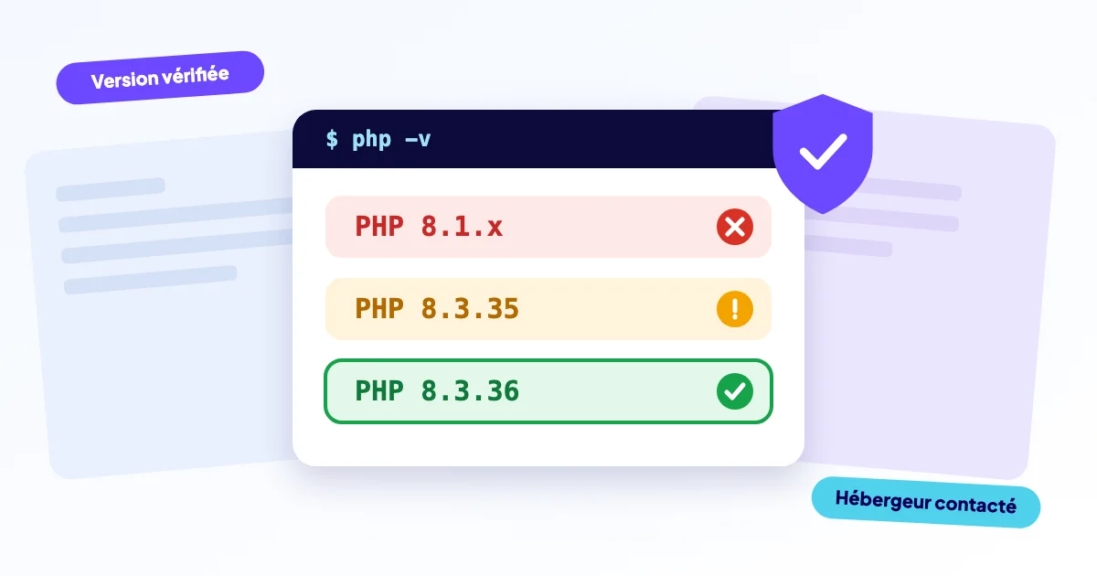 Illustration d’un serveur avec un avertissement et un bouclier pour une version de PHP mise à jour