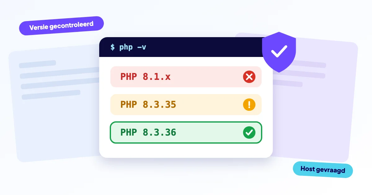 Illustratie van een server met een waarschuwing en een schild voor een bijgewerkte PHP-versie